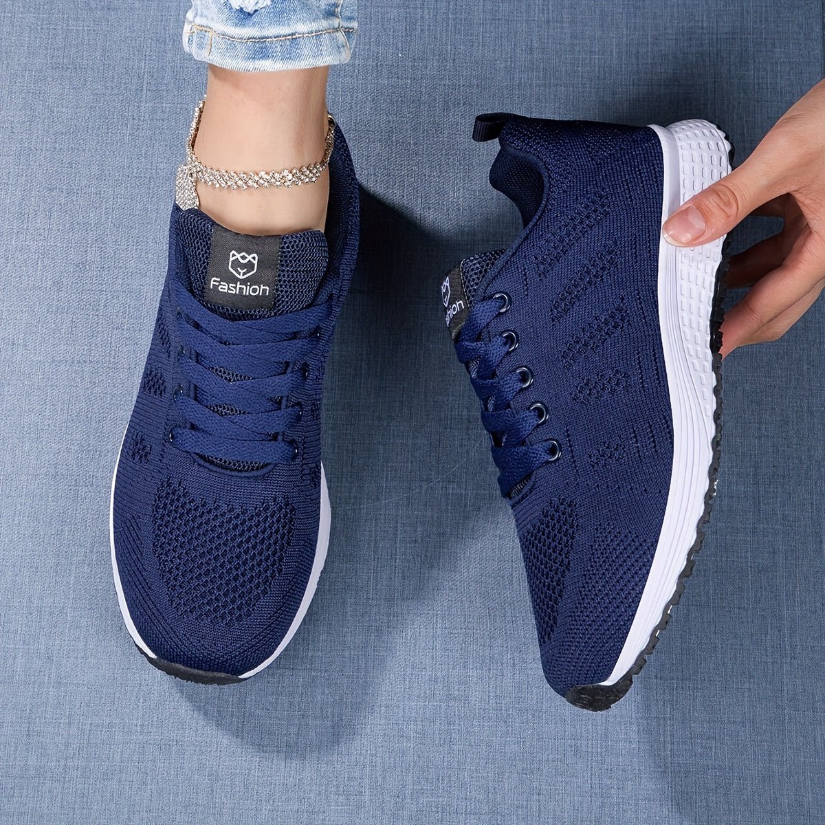 Białe Trampki Damskie Ortopedyczne z Amortyzacją i Wsparciem Łuku na Wiosnę i Lato – Granatowy